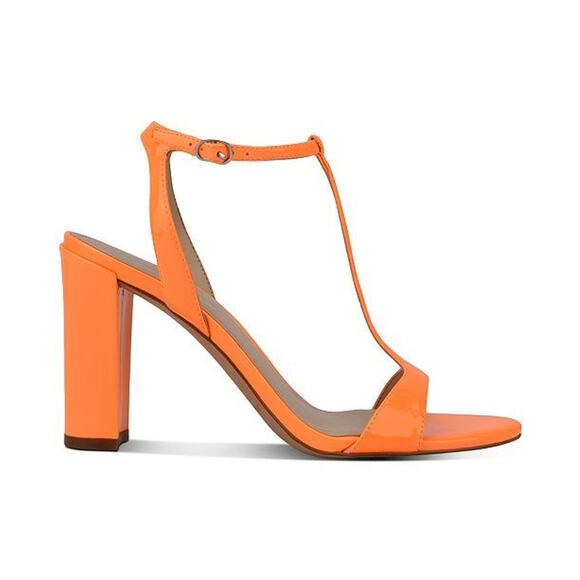 NWB Marc Fisher Toria Patent T-Strap Heeled Sandals Hot Orange Womens Size 10 - Picture 1 of 13